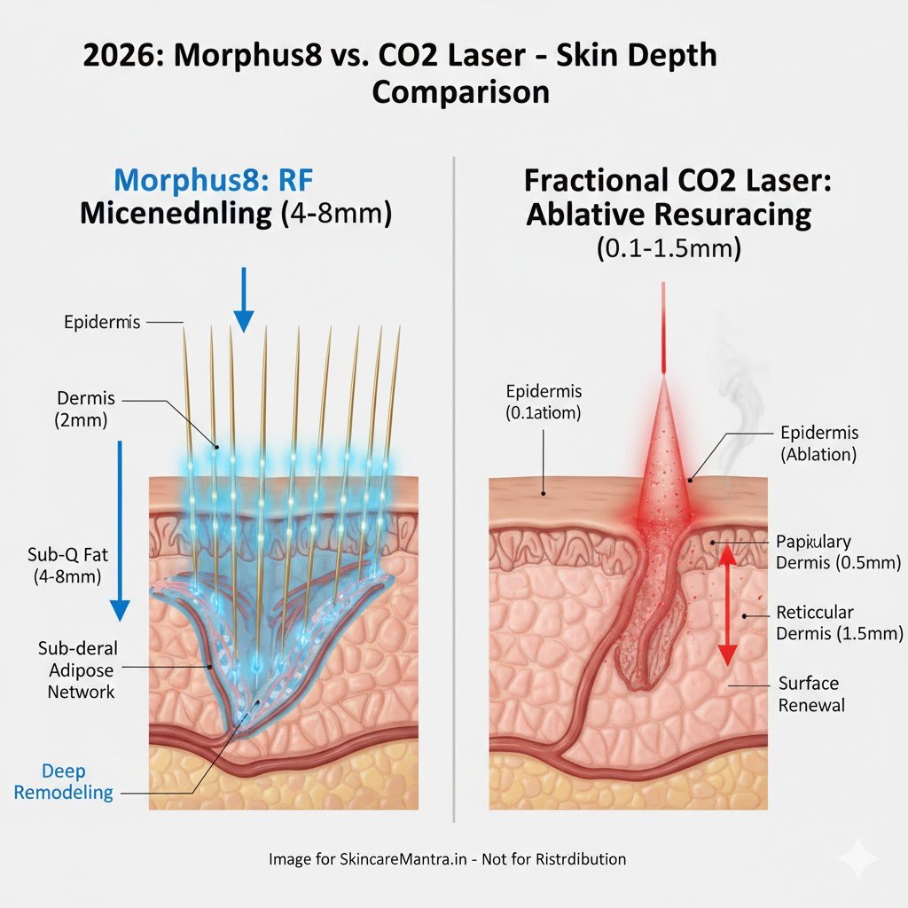 Scientific diagram comparing treatment depths of Morpheus8 RF microneedling (4-8mm) and Fractional CO2 laser (0.1-1.5mm) in human skin layers.