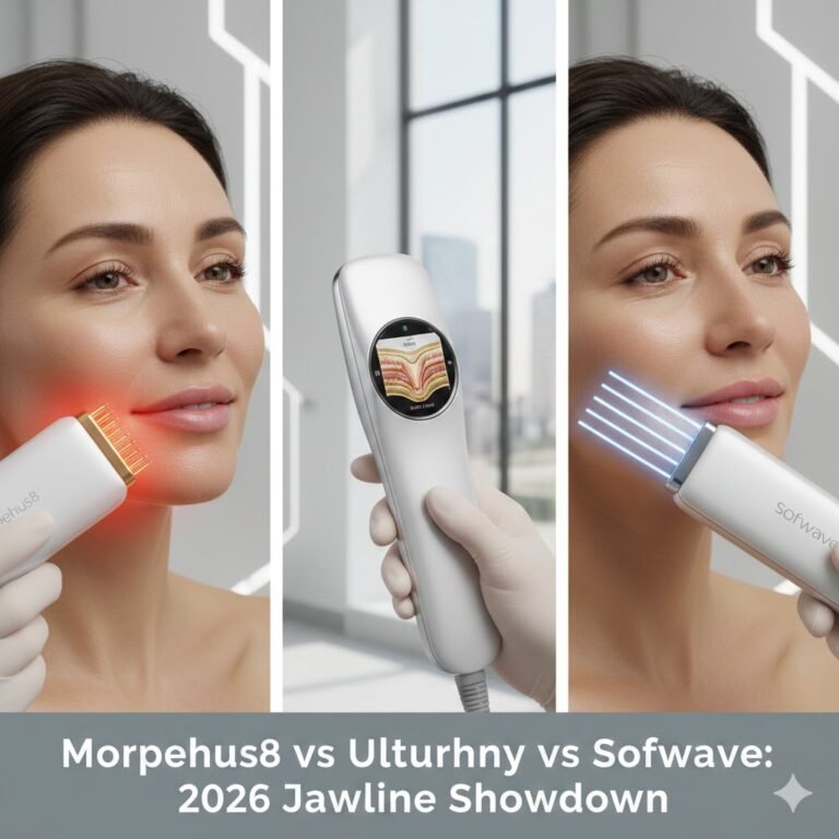 Comparison of Morpheus8 microneedling, Ultherapy ultrasound, and Sofwave treatments for a 2026 non-surgical jowl lift.