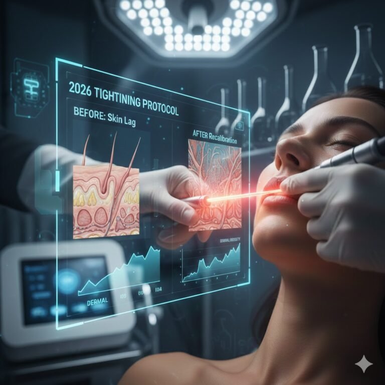 A clinical 2026 tightening protocol for Ozempic Face showing before skin lag and after dermal recalibration with laser technology.