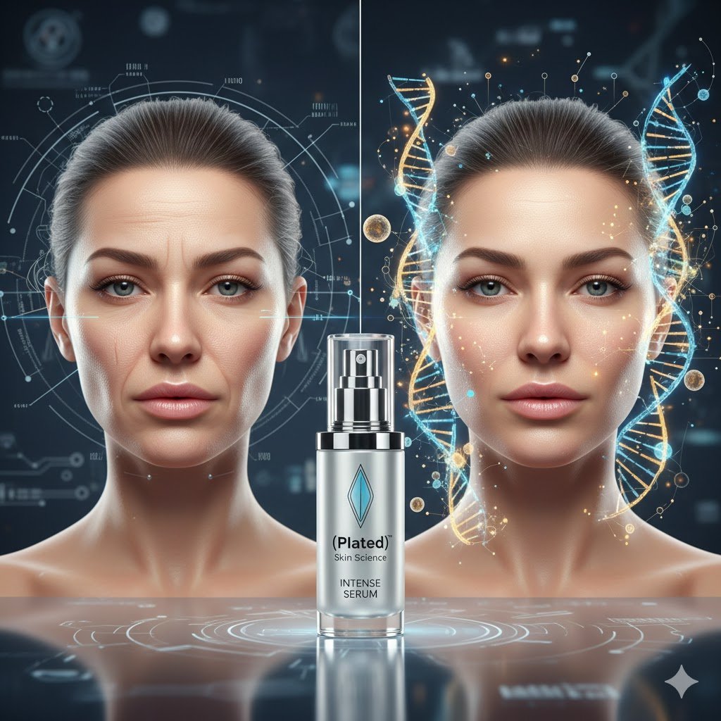 A clinical comparison showing a tired face versus glowing skin with a luxury exosome serum bottle and holographic DNA signaling visualizations.