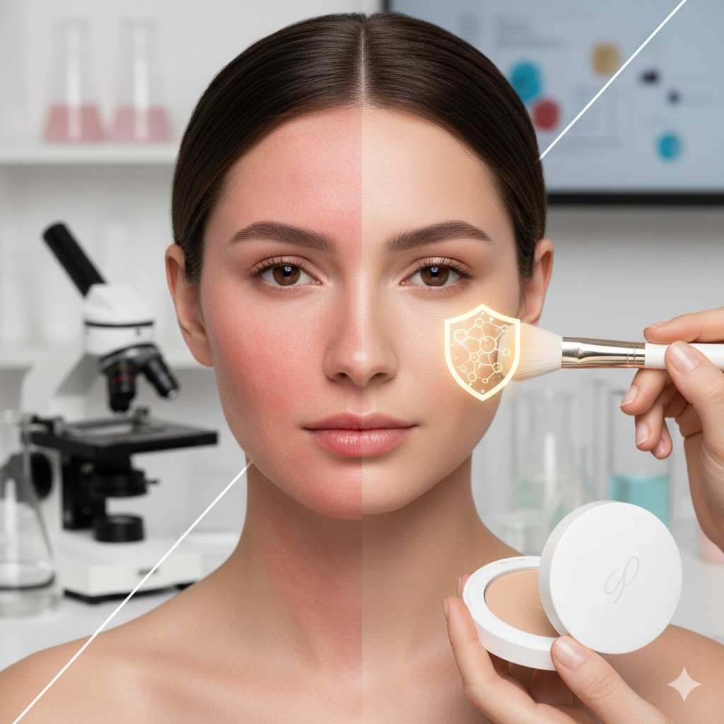 4K professional split-screen image of a human face showing inflamed redness versus barrier-safe makeup application with a protective lipid shield overlay in a clinical research lab