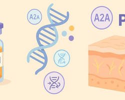Medical illustration of an exosome vesicle delivering mRNA and growth factors to a human fibroblast cell for skin rejuvenation.