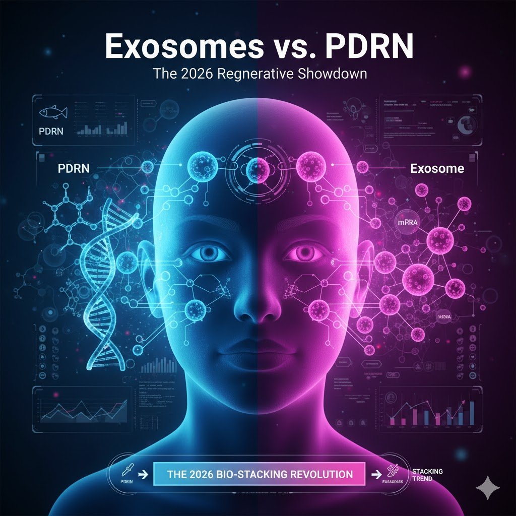 A high-tech medical infographic for 2026 comparing PDRN DNA repair and Exosome mRNA signaling on a human facial profile for advanced skin rejuvenation.
