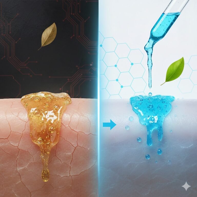 Forensic comparison showing thick occlusive face oil on dehydrated skin versus a cooling glycerol-glucoside gel activating aquaporin-3 water channels for biological plumping.