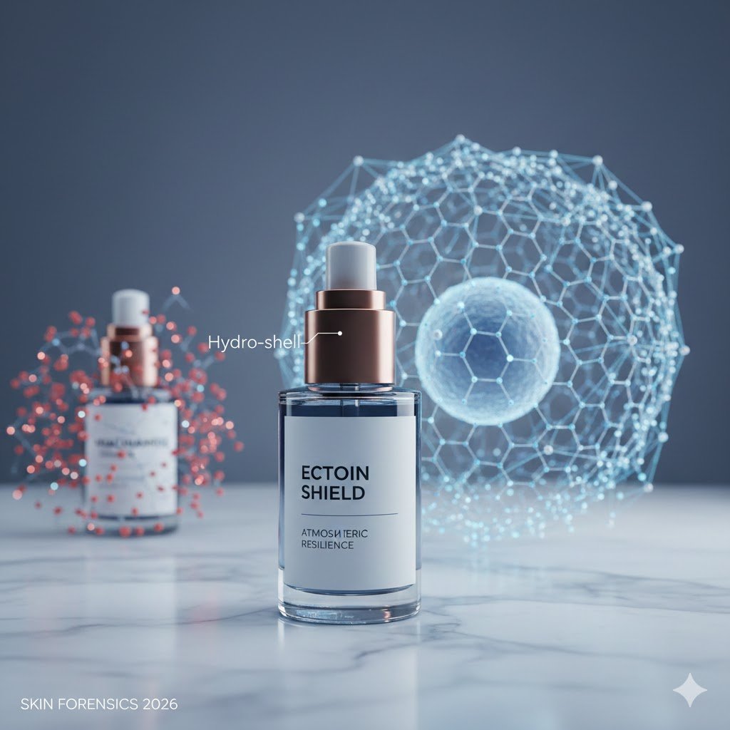A professional clinical skincare audit visualization comparing Ectoin's molecular hydro-shell protection with Niacinamide for 2026 atmospheric resilience trends.
