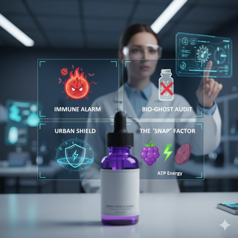 Visual roadmap of the Postbiotic Skincare audit at SkincareMantra, detailing the Immune Alarm, Bio-Ghost probiotics, and ATP energy regeneration.