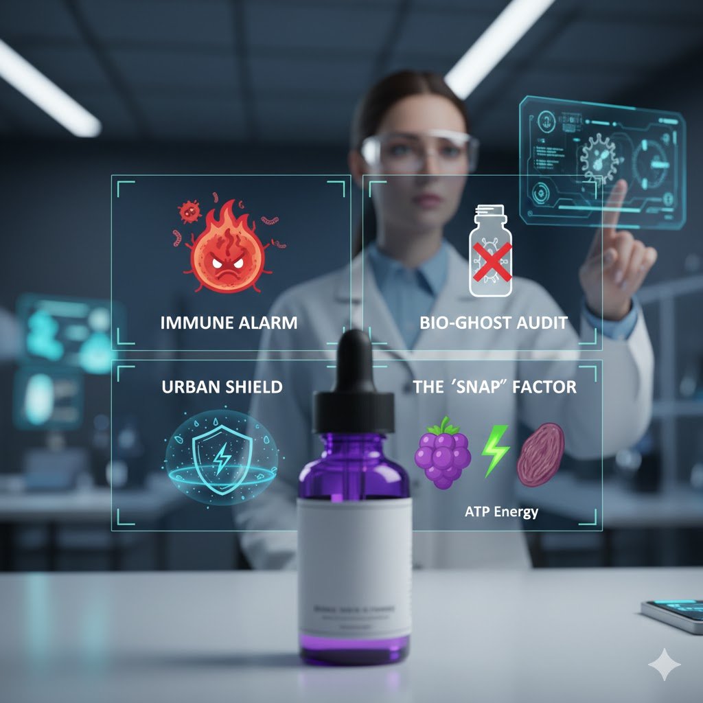 Visual roadmap of the Postbiotic Skincare audit at SkincareMantra, detailing the Immune Alarm, Bio-Ghost probiotics, and ATP energy regeneration.