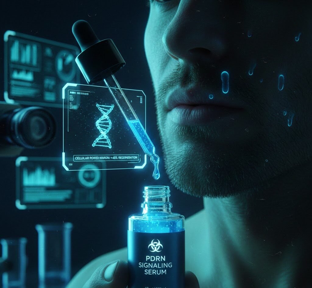 PDRN Benefits for male skin demonstrated through a DNA signaling serum application and cellular repair visualization.