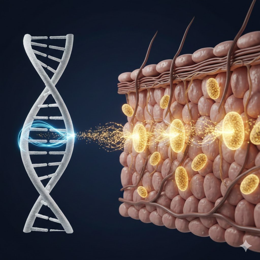 A scientific 3D visualization of skin longevity featuring mitochondrial ATP energy charging and cellular DNA repair mechanisms for regenerative aesthetics.