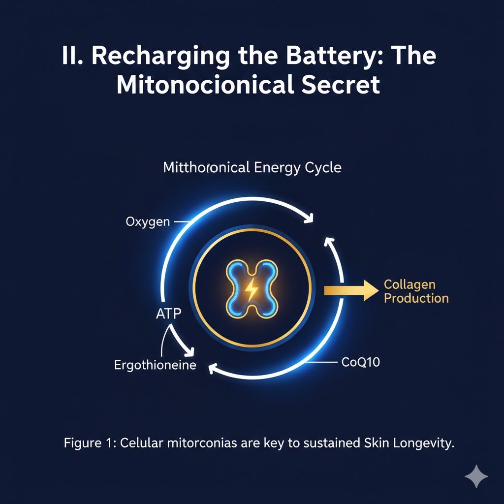Diagram of the mitochondrial energy cycle, showing oxygen, Ergothioneine, CoQ10, and ATP production for **Skin Longevity** and collagen.