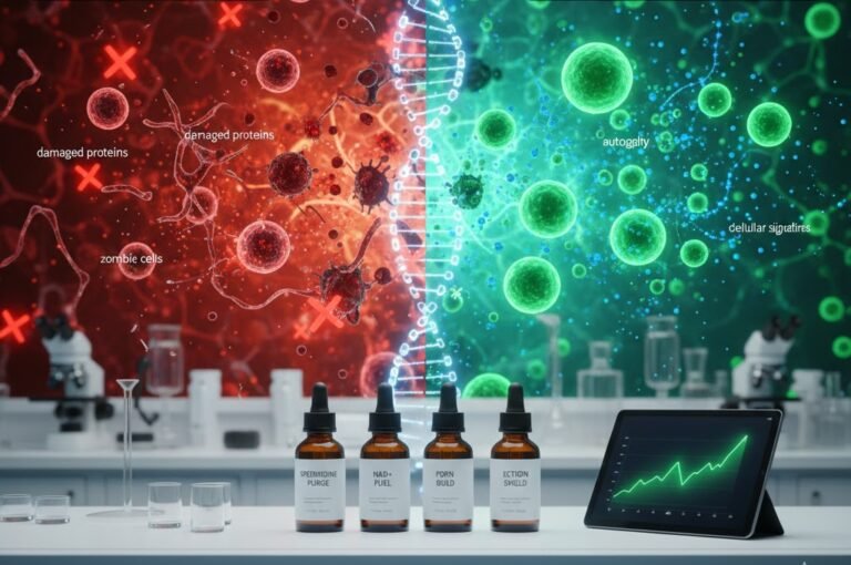 Scientific visualization of autophagy and Spermidine for Skin Longevity clearing cellular trash and damaged proteins.