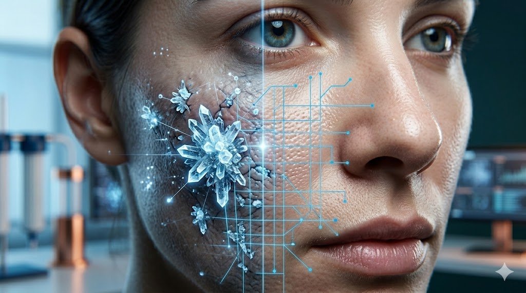 Macro visualization auditing hard water skin damage, where sharp, jagged mineral crystals are shown physically embedded within facial pores and fine lines, demonstrating how tap water mineral buildup causes physical disruption to the dermis.