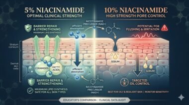 Comparison infographic of niacinamide benefits at 5 percent and 10 percent concentrations for skin barrier repair and irritation risk.