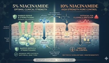 Comparison infographic of niacinamide benefits at 5 percent and 10 percent concentrations for skin barrier repair and irritation risk.