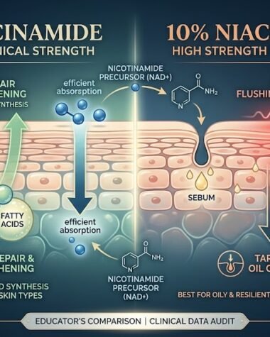 Comparison infographic of niacinamide benefits at 5 percent and 10 percent concentrations for skin barrier repair and irritation risk.