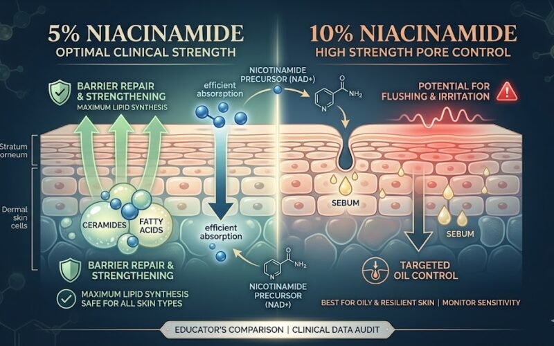 Comparison infographic of niacinamide benefits at 5 percent and 10 percent concentrations for skin barrier repair and irritation risk.