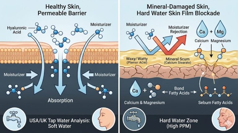 Macro diagram of hard water skin film blocking moisturizer absorption in the dermal layers.