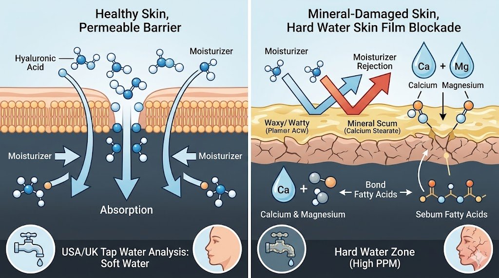 Macro diagram of hard water skin film blocking moisturizer absorption in the dermal layers.