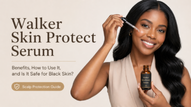 Black woman holding Walker Skin Protect Serum with dropper, featured image for a blog about benefits, how to use it, and whether it is safe for Black skin