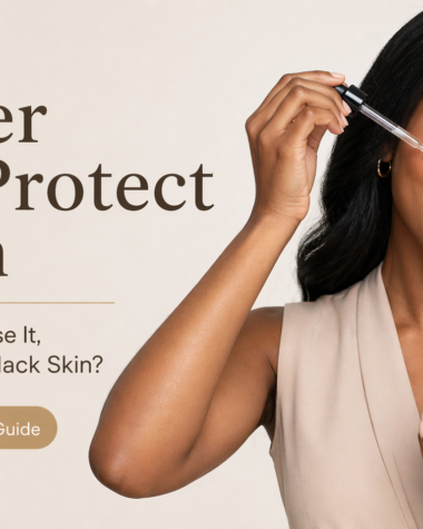 Black woman holding Walker Skin Protect Serum with dropper, featured image for a blog about benefits, how to use it, and whether it is safe for Black skin