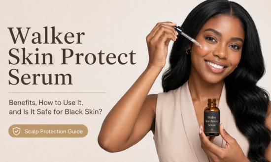 Black woman holding Walker Skin Protect Serum with dropper, featured image for a blog about benefits, how to use it, and whether it is safe for Black skin