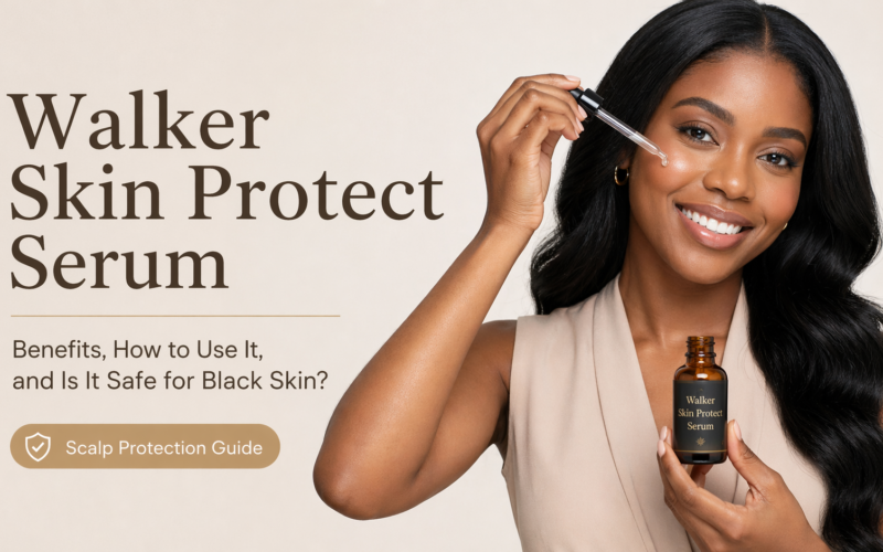 Black woman holding Walker Skin Protect Serum with dropper, featured image for a blog about benefits, how to use it, and whether it is safe for Black skin